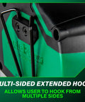 Close-up of TruRange 25 Ft Measuring Tape's multi-sided hook and green nylon coated shell.