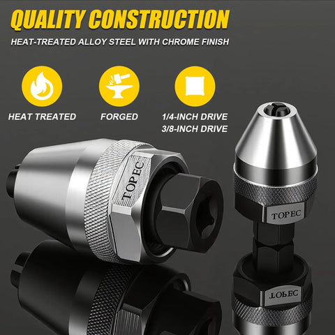 Heavy Duty Cr Mo Steel Stud Extractor Set With 1/4 And 3/8 Drive showing heat-treated alloy steel construction and chrome finish.
