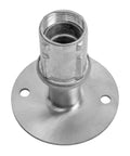 Close-up of stainless steel flanged foot, part of set of eight, showing 3.5 inch flange and 1 inch adjustable height for 1.625 inch OD tubing.
