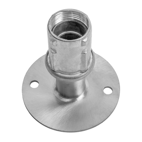 Close-up of stainless steel flanged foot, part of set of eight, showing 3.5 inch flange and 1 inch adjustable height for 1.625 inch OD tubing.