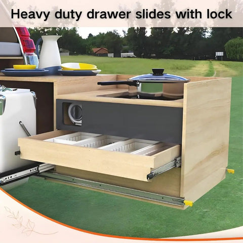 Heavy Duty Drawer Slides 500Lb Capacity With Screws Full Extension Ball Bearing Side Mount Rails Industrial, installed in RV kitchen cabinet