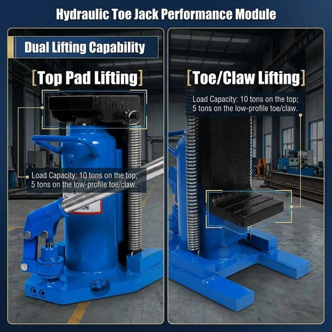 Heavy Duty Air Hydraulic Toe Jack Handles Rock Solid 20 Ton Top Lift Loads And Smooth 10 Ton Toe Raises For Low Clearance Equipment and Tough Shop Grunt Work Daily Tasks, showing top pad and toe lifting capabilities.