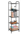 Rock Solid And Super Roomy Five Tier Extendable Metal Wire Storage Rack Heavy Duty Adjustable Height Shelf Plant Stand No Sweat Assembly For Home Or Garage Charcoal Gray with books, cups, and decor.