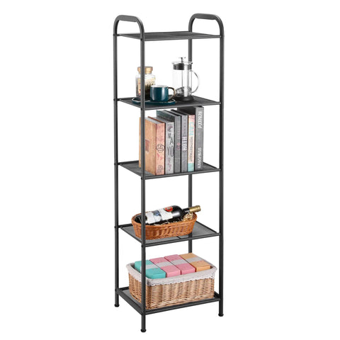 Rock Solid And Super Roomy Five Tier Extendable Metal Wire Storage Rack Heavy Duty Adjustable Height Shelf Plant Stand No Sweat Assembly For Home Or Garage Charcoal Gray with books, cups, and decor.