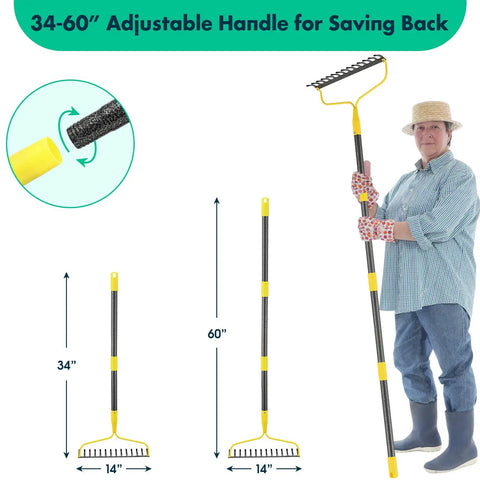 Heavy Duty 60 Inch Bow Rake With 14 Tines All Steel Garden Rake For Lawn And Landscaping Adjustable Handle From 34 To 60 Inches Loosening Soil Leveling Mulch Gathering Leaves Yard Work Beast