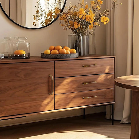 Sideboard with 4 Pack 3.8 Inch Gold Walnut Wood Brass Drawer Pull Handles For Dresser Cabinet Wardrobe, Dope Durable Hardware Upgrade