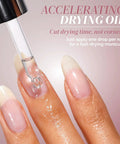 Instant Smudge Fix For Nails Smooths Dents And Imperfections Quick Dry Top Coat Booster showing dropper applying drying oil on manicured nails.