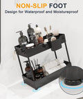 Total Game Changer Two Pack Under Sink Cabinet Organizer Rack with sturdy hooks, holding toiletries, on a bathroom countertop.
