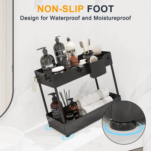 Total Game Changer Two Pack Under Sink Cabinet Organizer Rack with sturdy hooks, holding toiletries, on a bathroom countertop.