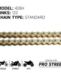 Close-up of 428H heavy-duty motorcycle chain links with model details, showing standard, durable design for rough riding.