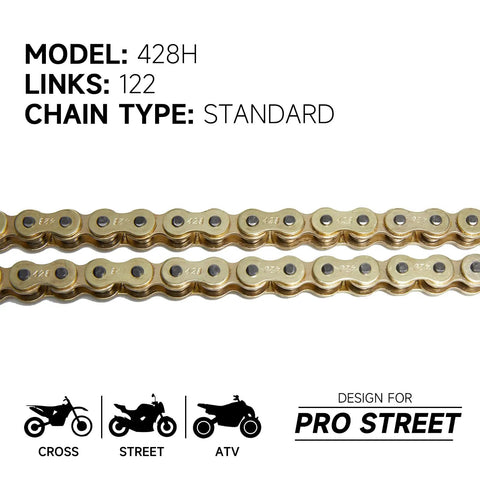 Close-up of 428H heavy-duty motorcycle chain links with model details, showing standard, durable design for rough riding.