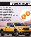 Two Pack Orange Transmission Shift Cable Bushing Repair Kit For Nissan Armada Pathfinder Xterra Titan Frontier QX56 QX80 Equator 2004 Through 2022 Auto Parts OE Replacement 134193 displayed with compatibility list and yellow truck