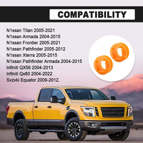 Two Pack Orange Transmission Shift Cable Bushing Repair Kit For Nissan Armada Pathfinder Xterra Titan Frontier QX56 QX80 Equator 2004 Through 2022 Auto Parts OE Replacement 134193 displayed with compatibility list and yellow truck