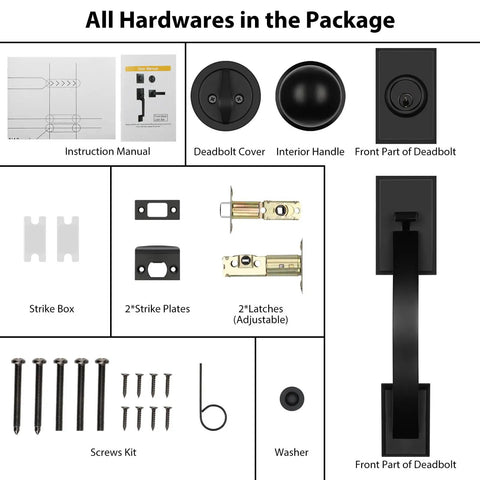 Black Front Door Lock Set With Deadbolt And Reversible Handle components including handles, screws, and instruction manual