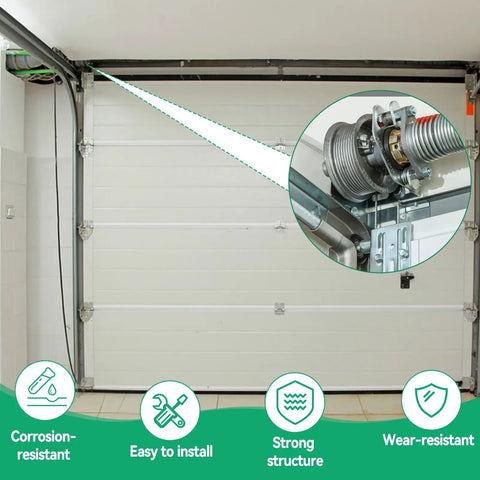 Garage Door Torsion Spring Conversion Kit For 7 Foot High Doors with cable rollers and hardware in garage