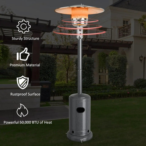 Outdoor Patio Heater With 50,000 BTU Propane Heater, Stainless Steel Burner, Wheels, And Triple Protection, Standing Portable Outdoor Heater For Porch, Deck, Home And Commercial Use Gray in a garden setting