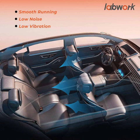 Interior of a car showcasing smooth running, low noise, and low vibration features for optimal comfort.
