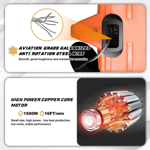 Electric Portable Hoist Winch 1500Lbs 3 In 1 Lift System showing steel wire and copper core motor details