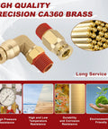 Two brass push-to-connect air fittings, front view, straight and elbow, 1/4 in. tube OD x 1/8 in. NPT, DOT approved