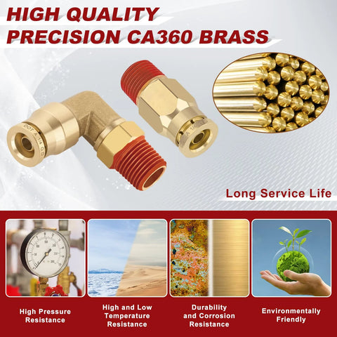 Two brass push-to-connect air fittings, front view, straight and elbow, 1/4 in. tube OD x 1/8 in. NPT, DOT approved