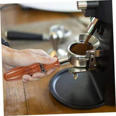 Espresso Portafilter Handle Replacement For Coffee Machines 5.9 Inch Wooden Grip inserted into espresso machine