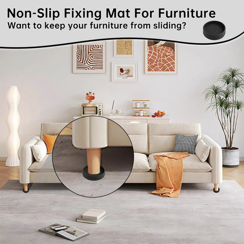 Living room showing a sofa leg resting on a 4 Pack Rubber Caster Cups For Furniture 2x2 Round Rubber Feet Non Slip Pads For Hardwood Floors Bed Stoppers To Prevent Sliding Couch Stoppers With Grippers Heavy Duty Floor Protectors For Sofas Tables And Chairs.