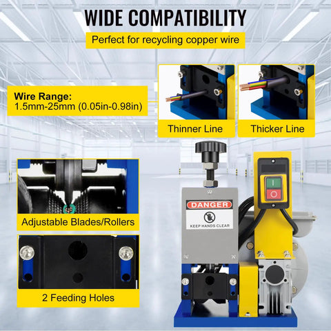 Heavy Duty Electric Wire Stripping Machine Automatic Cable Cutter 0.05 To 0.98 Inch Range Plug And Play Portable Drill Tool Includes Extra Blade For Scrap Copper Recycling Dark Blue