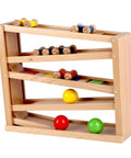 Wooden Race Track Ramp Toy For Toddlers with 5 levels, 4 wood cars, and 3 colorful balls, no assembly, side view