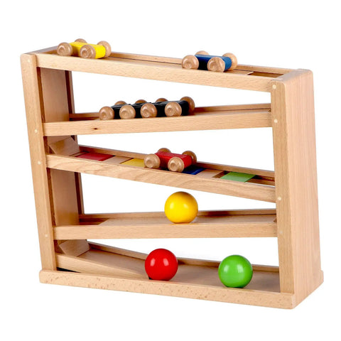 Wooden Race Track Ramp Toy For Toddlers with 5 levels, 4 wood cars, and 3 colorful balls, no assembly, side view