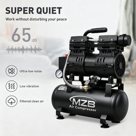 Ultra Quiet 2.4 Gallon Air Compressor 115 PSI MAX Oil Free Steel Tank Low Noise 65DB For Spray Painting Auto Repair Carpentry Nail Gun Lightweight Portable 1HP 110V Power Tool