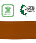 Women Italian Leather Obi Belt In Rich Camel Buttery Soft Full Grain Cowhide showing leather certification logos on a plain background.