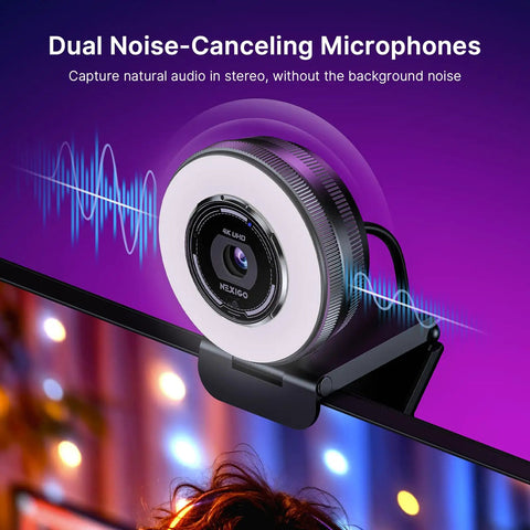 Close-up of Crush Your Setup With This Top Tier 4K Webcam Featuring A Bright Ring Light and dual noise-canceling mics.