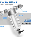 Spin Down Sediment Filter For Whole House Use 40 And 200 Micron Reusable Stainless Mesh with NPT adapters visible