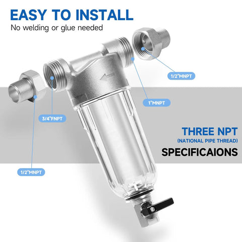 Spin Down Sediment Filter For Whole House Use 40 And 200 Micron Reusable Stainless Mesh with NPT adapters visible