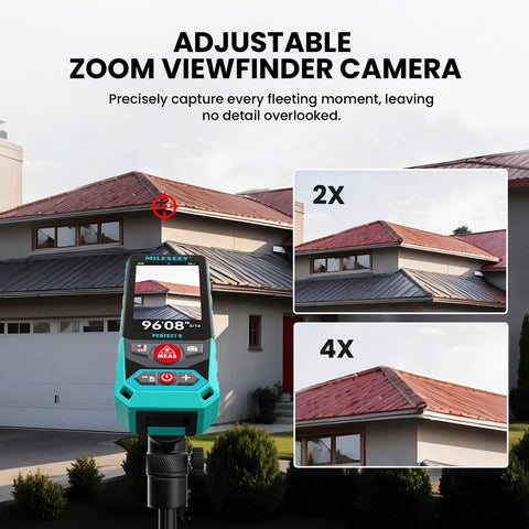 P9 Outdoor Laser Measuring Tool With 4X Zoom Camera Viewfinder High Accuracy Distance Meter For Contractors And DIY Enthusiasts Durable Fast Powerburst PowerChirp Tech For Tough Outdoor Jobs, shown on a tripod