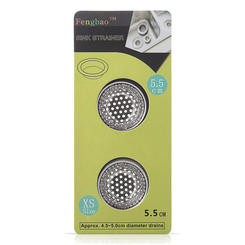 Mini Stainless Steel Bathroom Drain Strainer Two Pack With Two Point One Seven Inch Diameter And Two Millimeter Micro Perforations Rust Free Anti Clog Shield packaging