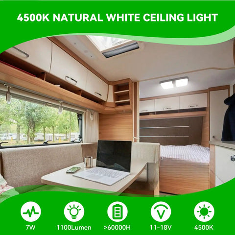 Interior view of RV with 12V RV Interior Ceiling Light With Switch 4500K Natural White LED Fixture 1100 Lumens 7W Ultra Bright Durable Camper Light