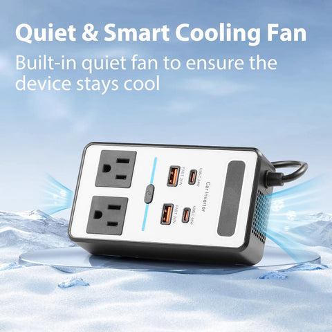 Front view of Car Power Inverter DC 12V To 110V AC Converter With Dual AC Outlets And 65 Watt USB C Fast Charger highlighting smart cooling fan.