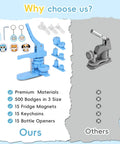 DIY Button Maker Kit With 3 Size Molds 2.28 Inch, 1.25 Inch And 1 Inch Includes 500 Button Blanks Plus 15 Fridge Magnets 15 Bottle Openers 15 Keychains And A Circular Cutter For Custom Pins showing comparison between blue and grey machines