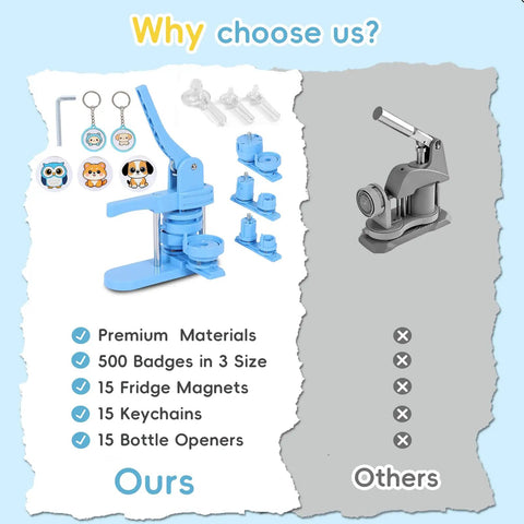 DIY Button Maker Kit With 3 Size Molds 2.28 Inch, 1.25 Inch And 1 Inch Includes 500 Button Blanks Plus 15 Fridge Magnets 15 Bottle Openers 15 Keychains And A Circular Cutter For Custom Pins showing comparison between blue and grey machines