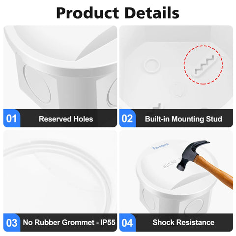 Rugged Waterproof Electrical Junction Box With Four Reserved Mounting Holes Heavy Duty ABS Project Enclosure IP55 Dustproof White Case Compact D80 X H50 Mm Perfect For Outdoor Electronics And Weatherproof Wiring, white ABS box details