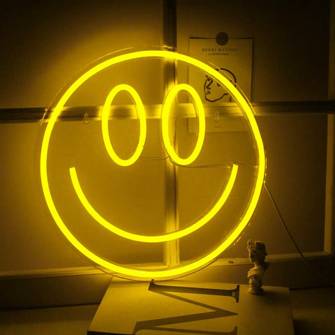Happy Face Neon Sign LED Neon Light Wall Decor USB Powered Yellow Neon for Bedroom Kids Room Wedding Party 13 inch diameter