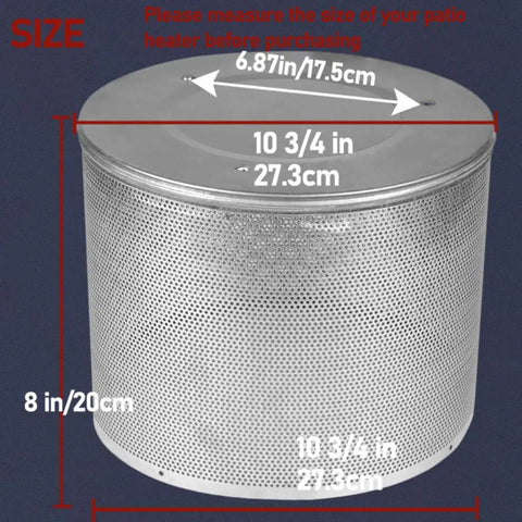 Beef Up Your Gas Patio Heaters With This Stainless Steel Emitter Screen Replacement 10 3 Quarter Inch Diameter 8 Inch Tall Three Threaded Holes For Mounting Reflector Burner Net Cover For Outdoor Heaters Safe Easy Install shown with dimensions