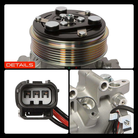 Heavy Duty Air Conditioning Compressor With Clutch Oil Prefilled Trse09 6 Groove Pulley top view and connector details