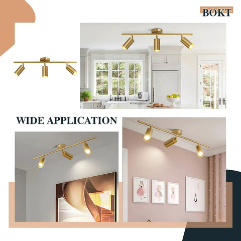 Brushed Brass LED Adjustable Track Lighting Kit With Pivoting Heads, 3 Light Ceiling Spotlight Track System For Kitchen And Living Spaces, Mid Century Modern Flush Mount Fixture For A Lit Ambience
