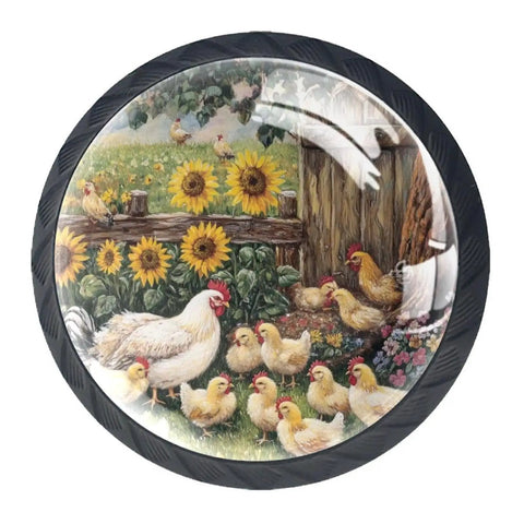 4 Pack Black Cabinet Knobs With Sunflower Chick Fence Pattern Drawer Pulls And Handles For Kitchen Cabinets Hardware Durable ABS And Crystal Glass Finish For Home Bedroom Closet Wardrobe Cupboard, showing a chicken and sunflowers scene.