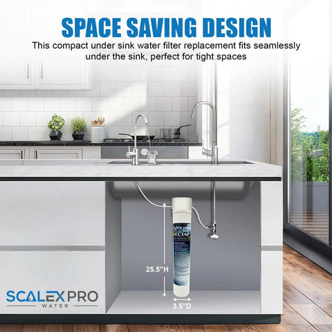 Compact Scale Prevention Water Filter Kicks Limescale To The Curb Removes Tough Sediment From Drinking Water Coffee And Tea Simple Hook Up Activated Carbon For Crisp Smooth Flavor Daily under sink installation in kitchen.