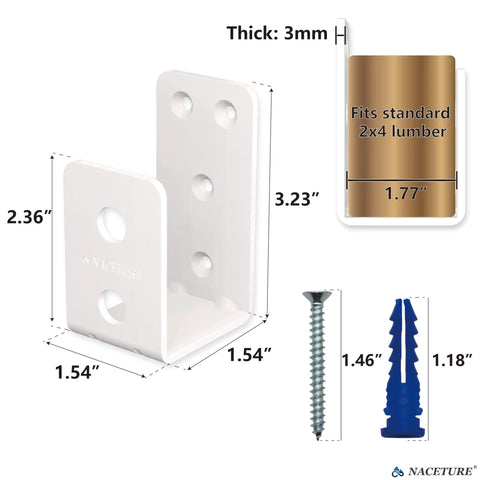 Two Pack Heavy Duty Beefy 2x4 U Bracket Door Brace Reinforcement Plates With Screws Wall Mount Security Bar Holder For Front Door Safety Anti Rust Steel Easy Install, showing dimensions and included screws.