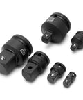Six Piece Drive Impact Socket Adapter Set For 1/4, 3/8, 1/2, 3/4 Inch Drives With Pin Retention, CR-MO Alloy, arranged on white background