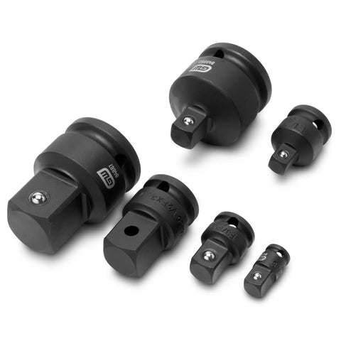 Six Piece Drive Impact Socket Adapter Set For 1/4, 3/8, 1/2, 3/4 Inch Drives With Pin Retention, CR-MO Alloy, arranged on white background